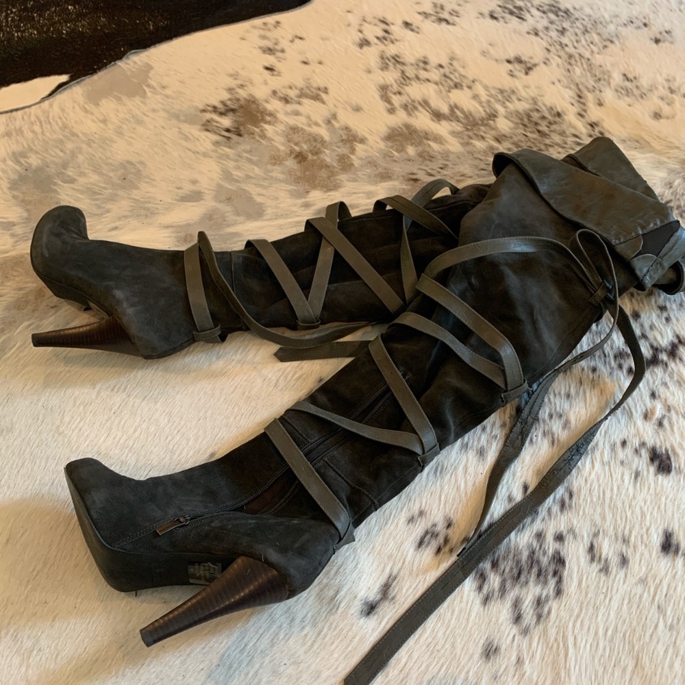 Suede and leather thigh-high stiletto lace-up boot